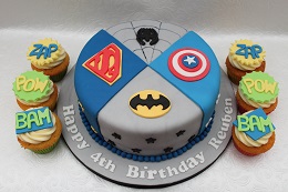 superhero cake with cupcakes
